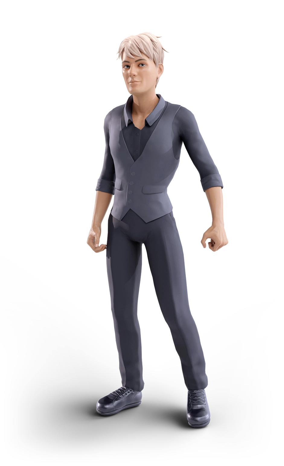 Male avatar wearing a black shirt, waist-coat and dress pants.